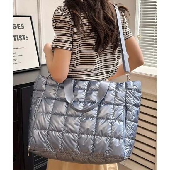 Silver Quilted Puffer Tote Bag Large Capacity Shoulder Travel Carryall - Picture 2 of 6